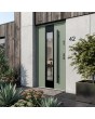 Porte contemporaine en acier inoxydable vert avec un cadre noir autour du vitrage