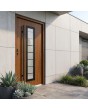 Porte d'entrée moderne en acier teinté chêne doré avec vitrage