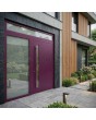 Porte en aluminium à charnières LIM violette avec panneau vitré à gauche et en haut