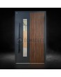 Porte pivotante en aluminium avec lames verticales en profilés d'aluminium