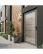 Porte d'entrée en aluminium gris dépoli avec quatre bandes transparentes