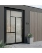 Porte pivotante en aluminium noir entièrement vitrée avec croisillons