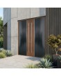 Porte d'entrée double en aluminium anthracite avec décor en bois de chêne doré