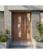 Porte d'entrée moderne en aluminium doré chêne