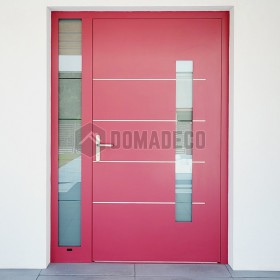 Porte d'entrée LIM à charnières en aluminium rouge avec fenêtre latérale gauche