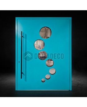 Porte d'entrée moderne en aluminium bleu avec vitrage à cercles