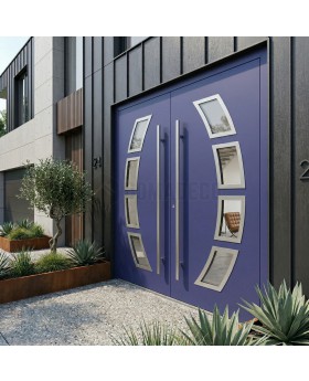 Double porte d'entrée extérieure bleue avec vitrage
