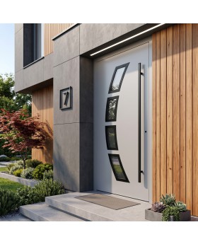 Porte d'entrée en aluminium argenté avec vitrage