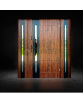 Porte d'entrée en métal massif couleur chêne doré avec deux panneaux latéraux