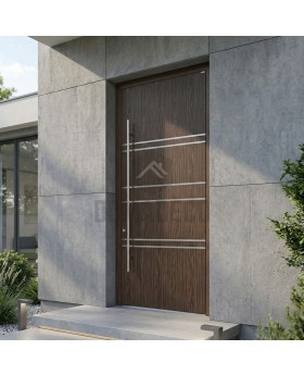 Porte d'entrée en aluminium wengé avec rayures horizontales
