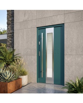 Porte contemporaine en acier inoxydable vert avec vitrage