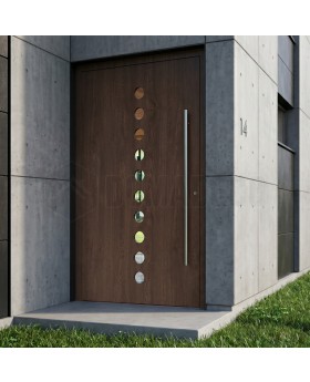 Porte d'entrée en aluminium couleur noyer avec dix petites fenêtres