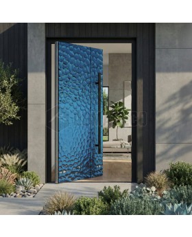 Porte pivotante en aluminium recouverte d'une tôle en acier inoxydable bleue