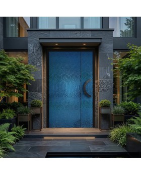 Porte battante en aluminium recouverte d'une tôle d'acier inoxydable bleue