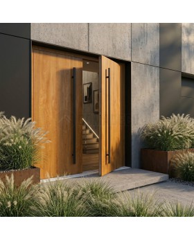 Porte simple à deux vantaux en aluminium, finition chêne doré