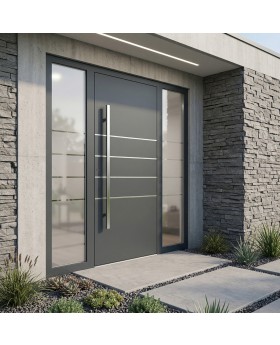 Porte d'entrée en aluminium Anthracite Strong avec panneaux vitrés à gauche et à droite