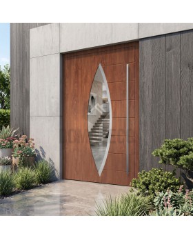 Porte d'entrée en aluminium haute résistance, finition chêne doré, avec vitrage