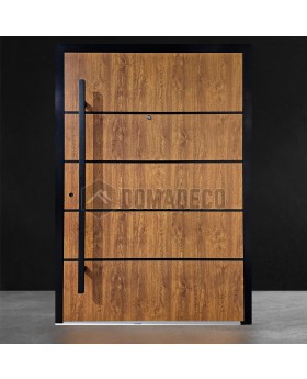 Porte d'entrée minimaliste en aluminium doré chêne