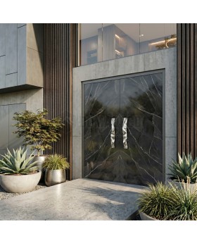 Double porte en aluminium noir recouverte de quartz fritté Calacatta Black