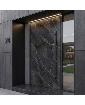 Porte battante en aluminium recouverte de quartz fritté Calacatta Black