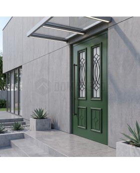 Porte d'entrée de style traditionnel, de couleur verte, avec vitrage