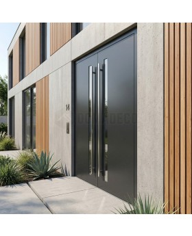 Porte d'entrée à double battant en aluminium noir avec vitrage vertical