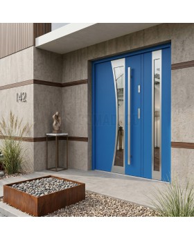 Porte d'entrée élégante en acier bleu avec panneau latéral