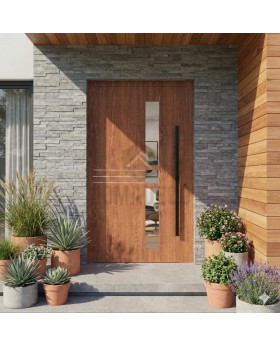 Porte pivotante moderne en aluminium doré chêne
