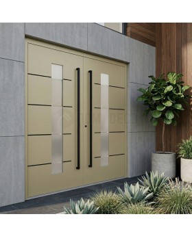 Porte d'entrée double en aluminium beige avec vitrage