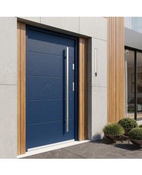 Porte d'entrée contemporaine en acier bleu avec nervures