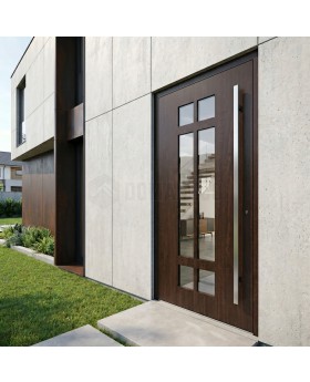 Porte d'entrée moderne en aluminium, finition noyer