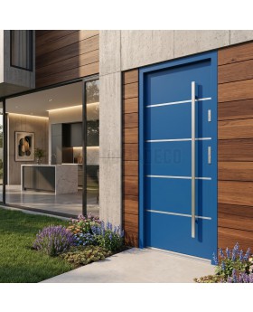 Porte d'entrée minimaliste en acier bleu pour une maison moderne