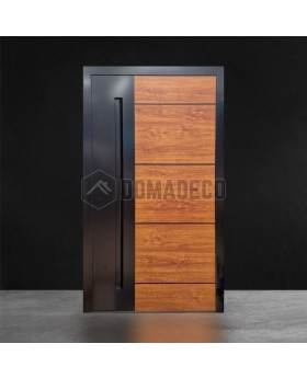 Porte d'entrée en aluminium anthracite avec décor bois chêne doré