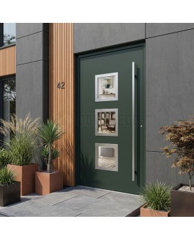 Porte d'entrée en aluminium vert avec trois vitrages