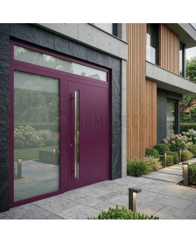 Porte en aluminium à charnières LIM violette avec panneau vitré à gauche et en haut