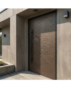 porte battante en aluminium brun avec texture métallique fraisée