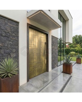 Porte d'entrée à charnières en aluminium avec texture en laiton jaune en métal fraisé