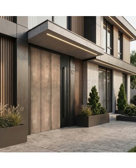 Porte d'entrée à charnières en aluminium avec texture nickel doré en métal fraisé