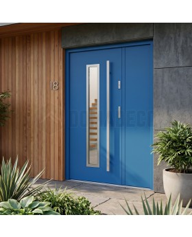 Porte d'entrée métallique bleue avec panneau latéral