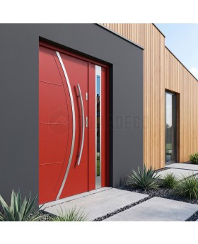 porte d'entrée rouge avec un panneau latéral