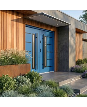 Double porte d'entrée extérieure en acier inoxydable bleu avec un encadrement noir autour du vitrage
