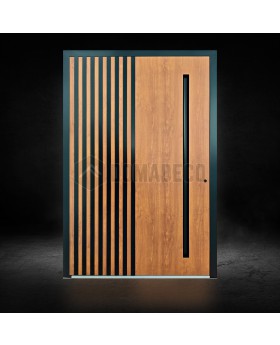 Porte pivotante en aluminium « chêne doré » avec des lamelles verticales noires en profilés d'aluminium