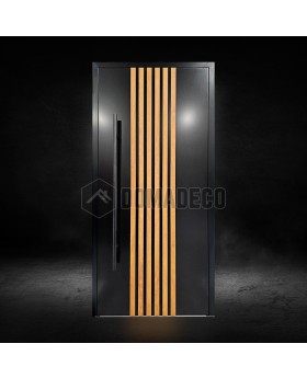 Porte d'entrée en aluminium noir avec lames verticales en profilés d'aluminium