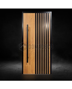 Porte d'entrée en aluminium doré avec lattes verticales noires en profilés d'aluminium