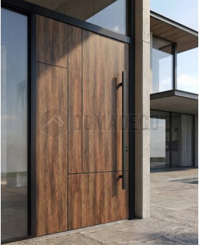 Porte pivotante en aluminium avec stratifié haute pression en noyer
