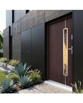 Porte d'entrée en acier teinté acajou avec vitrage