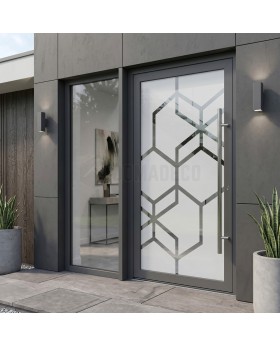 Porte de sécurité en aluminium anthracite dépoli avec décor transparent