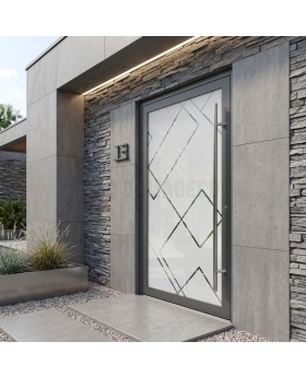 Porte d'entrée dépolie de couleur anthracite avec décor transparent