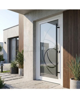 Porte d'entrée en aluminium blanc dépoli avec décor transparent