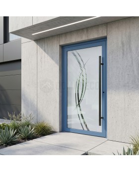 Porte d'entrée en aluminium bleu « Milk » avec décor transparent